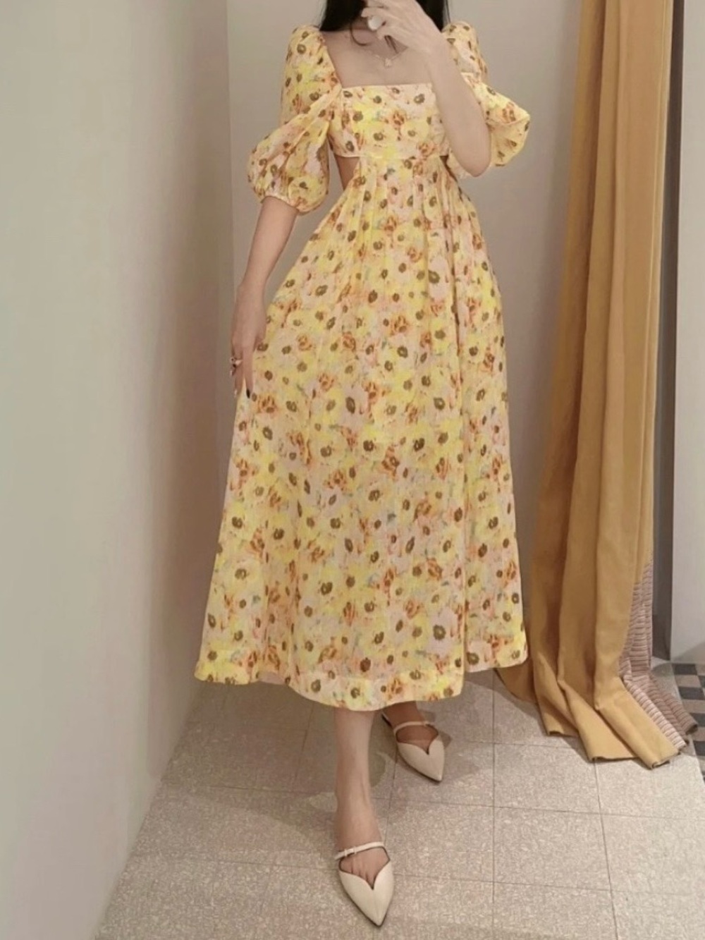 Zimmermann Yellow Floral Puff-Sleeve Midi Dress size 1